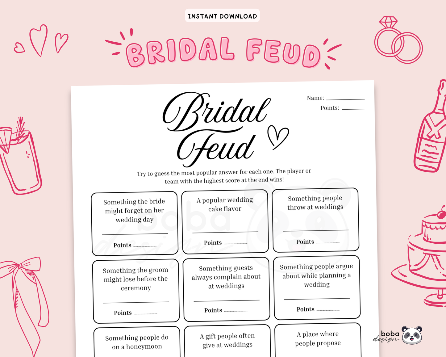 Printable Bridal Feud Game - Bachelorette Party Game