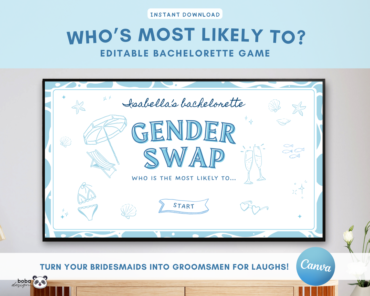 Gender Swap Bachelorette Game – Bridesmaids to Bridesmen (Editable Canva Template)