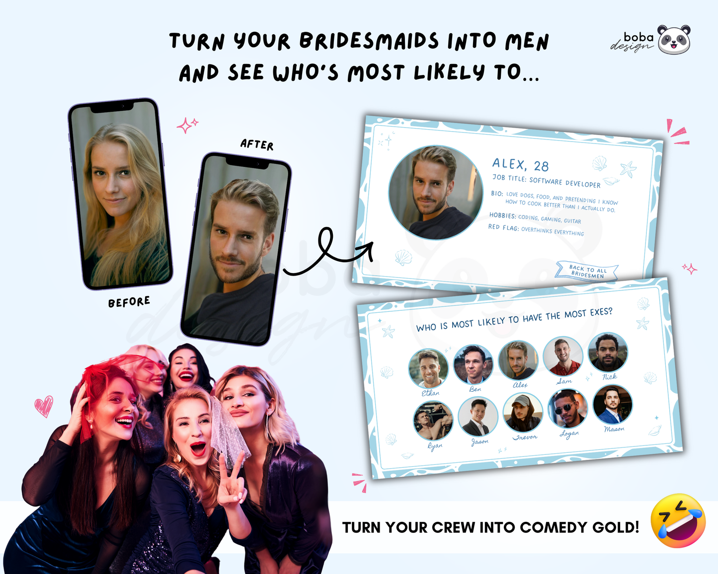 Gender Swap Bachelorette Game – Bridesmaids to Bridesmen (Editable Canva Template)