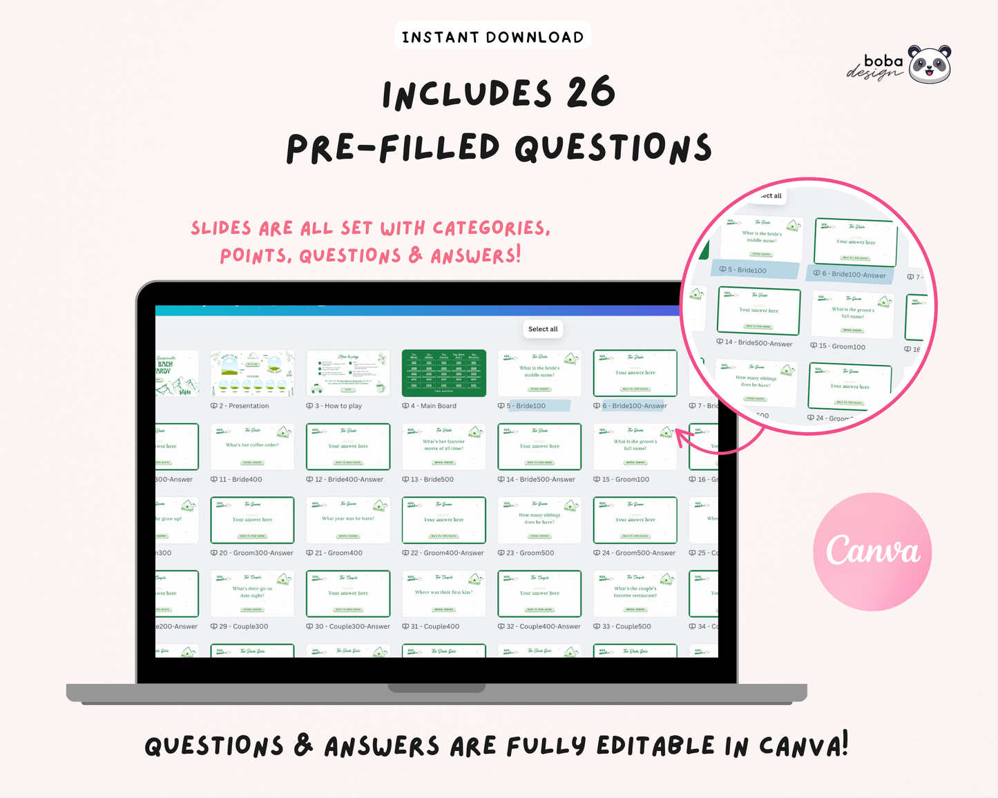 Green Camp Bachelorette Jeopardy Game (Canva Template)
