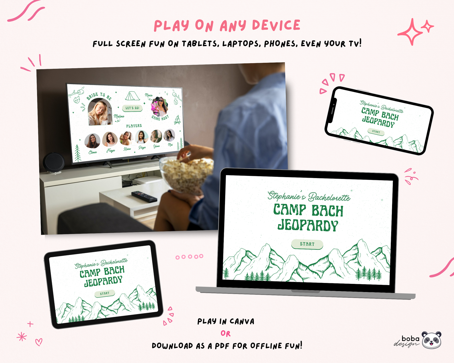 Green Camp Bachelorette Jeopardy Game (Canva Template)