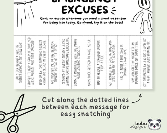 Funny Emergency Excuses Tear-Off Sign - Printable Office and Break Room Decor