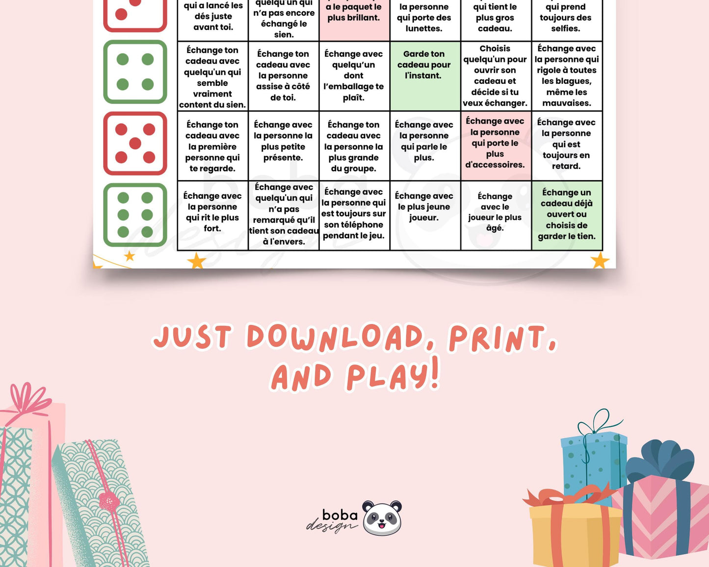 Jeu de dés Échange de Cadeaux Noël Imprimable