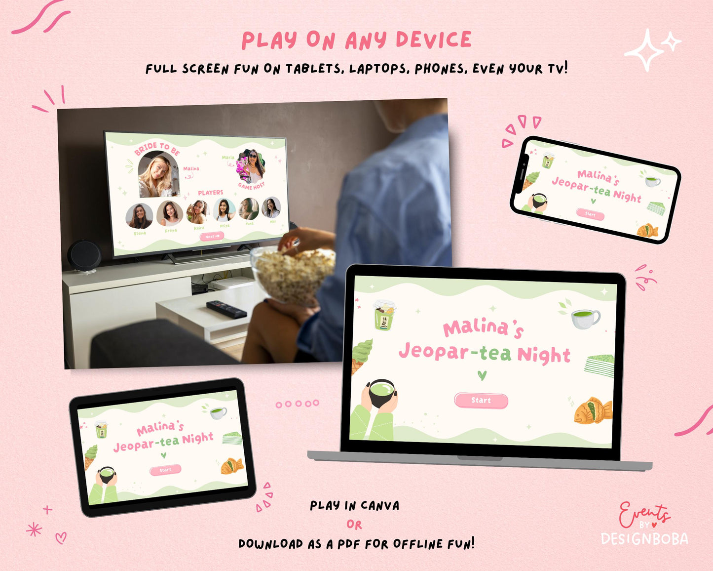 Matcha-Inspired Jeopardy Game – Tea Party Bachelorette (Canva Template)