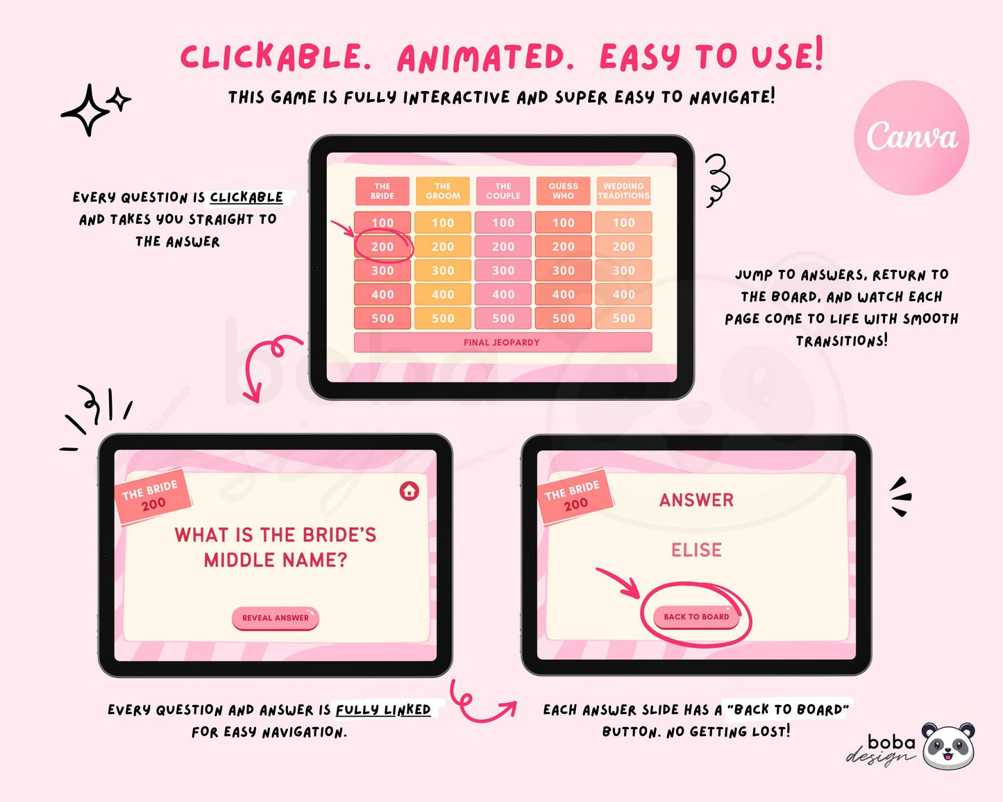 Pink and Peach Vibes – Editable Bachelorette Jeopardy Game (Canva Template)