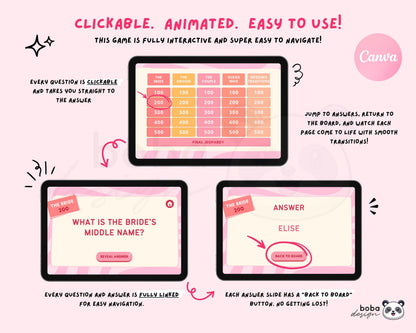 Pink and Peach Vibes – Editable Bachelorette Jeopardy Game (Canva Template)