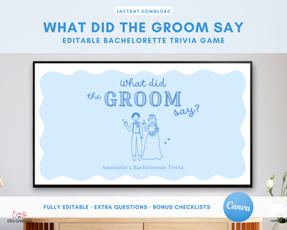 Blue What Did the Groom Say – Bachelorette Game (Editable Canva Template)