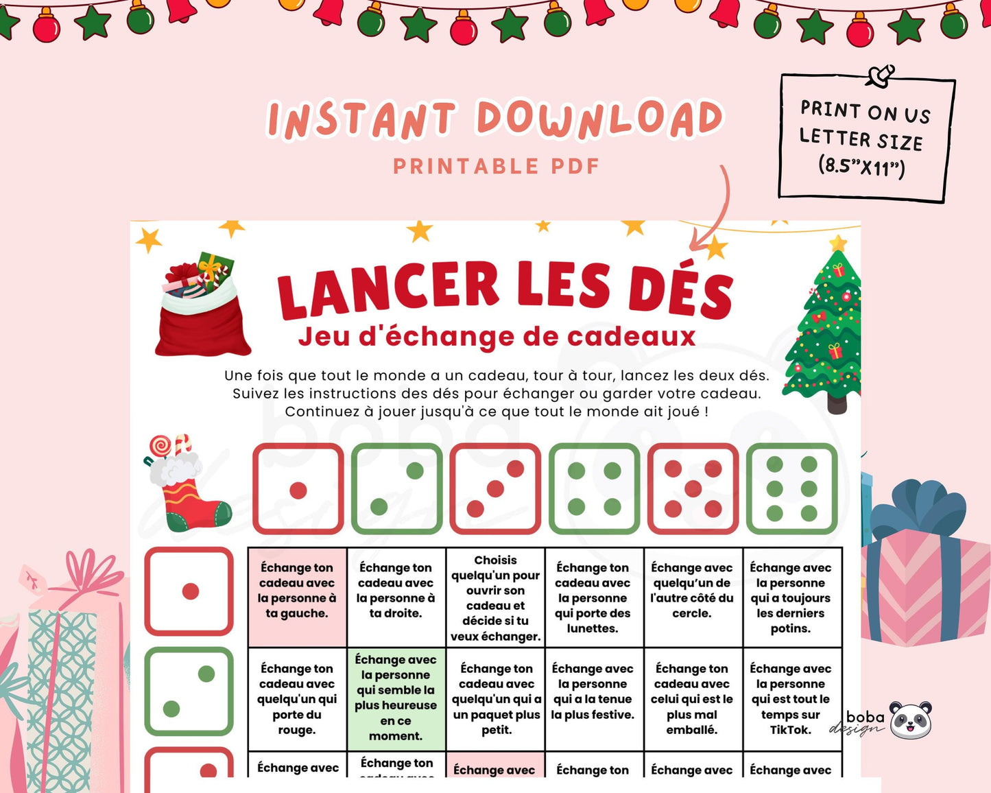 Jeu de dés Échange de Cadeaux Noël Imprimable