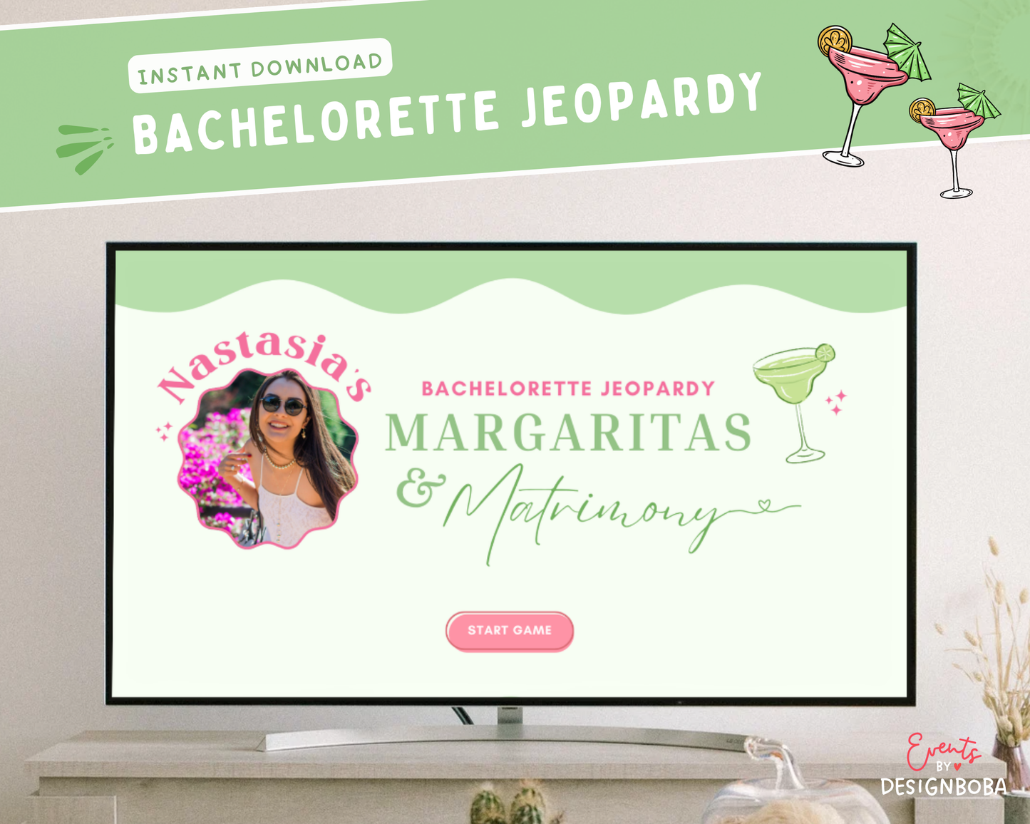 Margs and Matrimony V1 – Green & Pink Bachelorette Jeopardy Game (Canva Template)