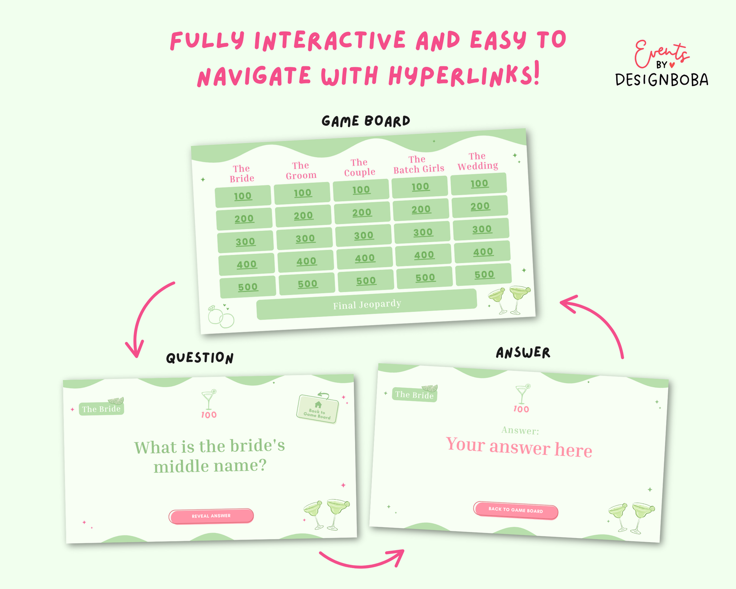 Margs and Matrimony V1 – Green & Pink Bachelorette Jeopardy Game (Canva Template)