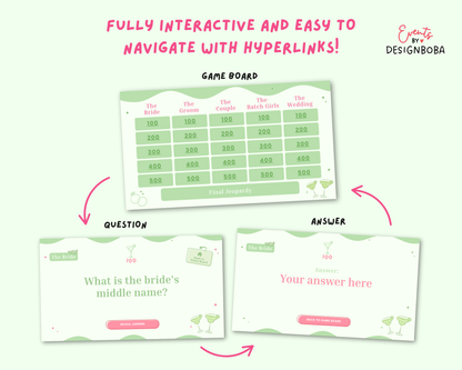 Margs and Matrimony V1 – Green & Pink Bachelorette Jeopardy Game (Canva Template)