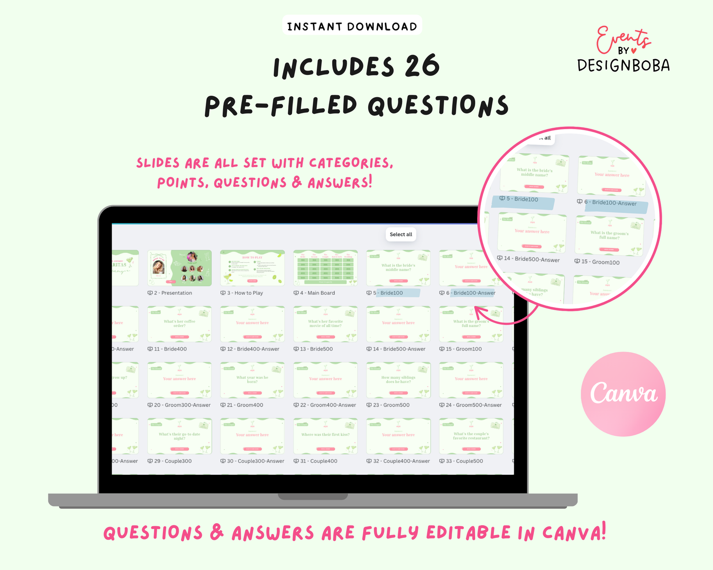 Margs and Matrimony V1 – Green & Pink Bachelorette Jeopardy Game (Canva Template)