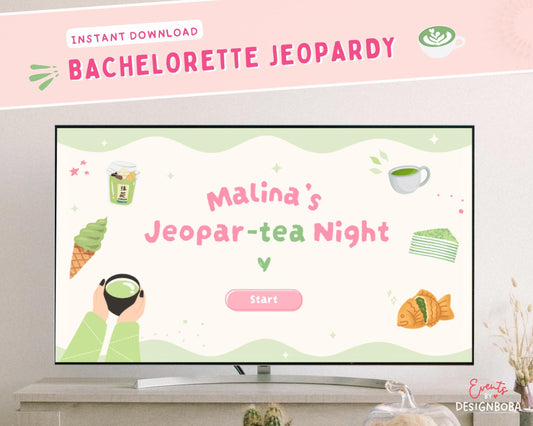 Matcha-Inspired Jeopardy Game – Tea Party Bachelorette (Canva Template)