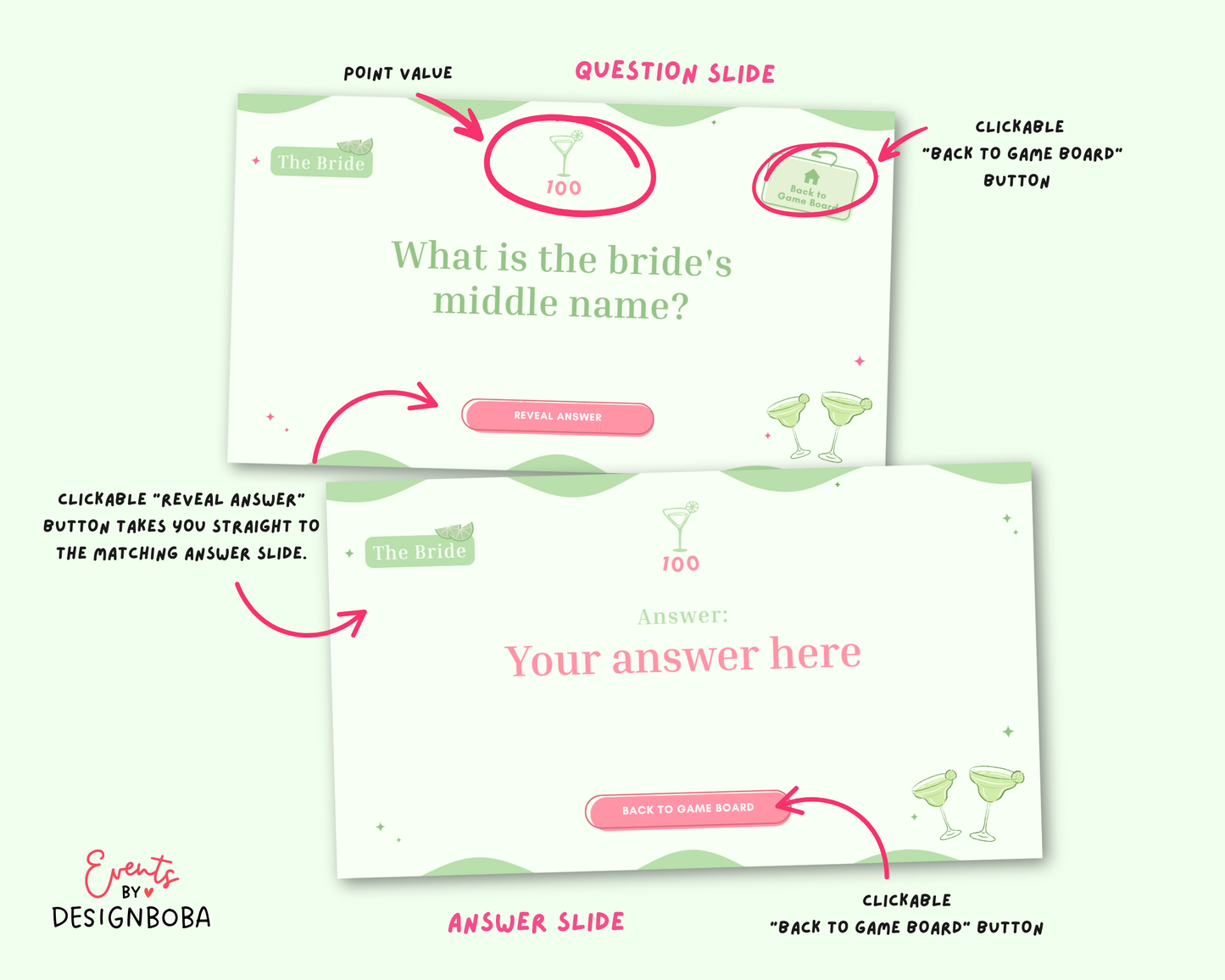 Margs and Matrimony V1 – Green & Pink Bachelorette Jeopardy Game (Canva Template)