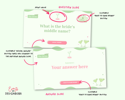 Margs and Matrimony V1 – Green & Pink Bachelorette Jeopardy Game (Canva Template)
