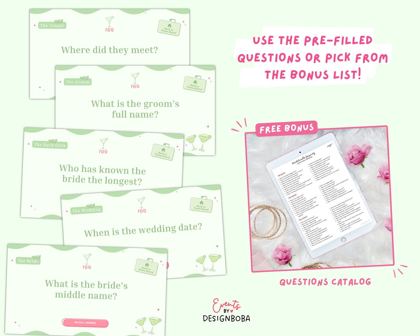 Margs and Matrimony V1 – Green & Pink Bachelorette Jeopardy Game (Canva Template)