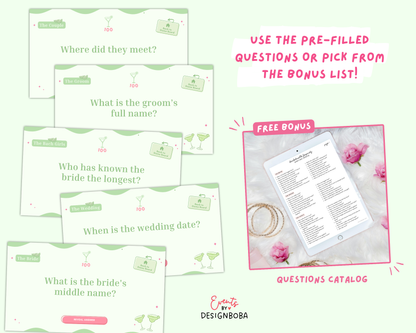 Margs and Matrimony V1 – Green & Pink Bachelorette Jeopardy Game (Canva Template)