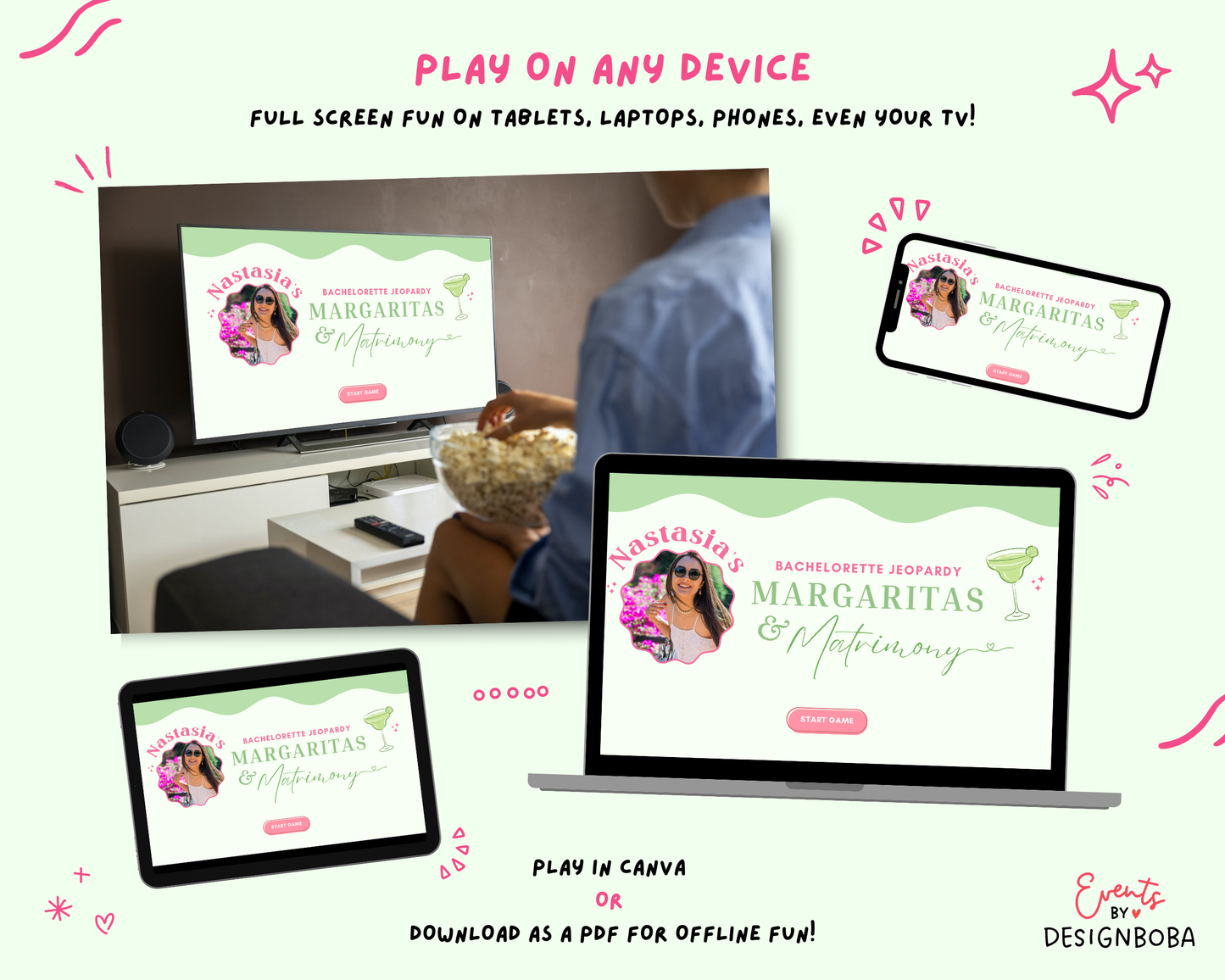 Margs and Matrimony V1 – Green & Pink Bachelorette Jeopardy Game (Canva Template)