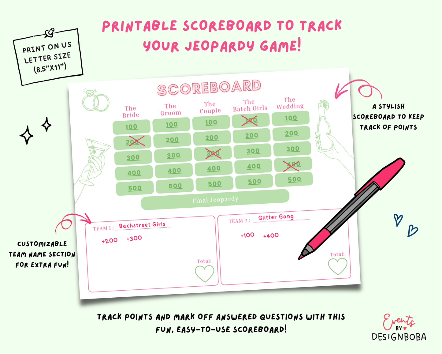 Margs and Matrimony V1 – Green & Pink Bachelorette Jeopardy Game (Canva Template)