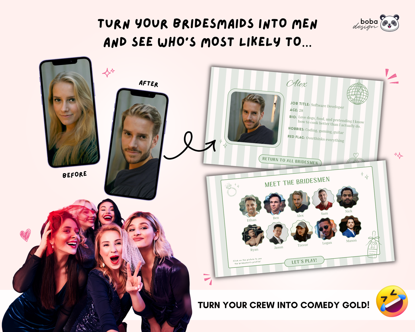 Green Stripe Gender Swap Bachelorette Game - Bridesmaids to Bridesmen