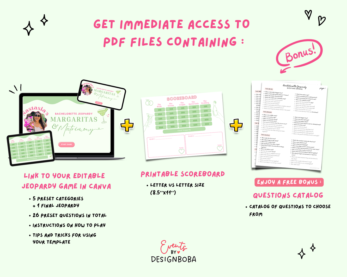 Margs and Matrimony V1 – Green & Pink Bachelorette Jeopardy Game (Canva Template)