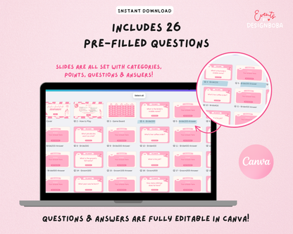 Pink Retro Vibe – Bachelorette Jeopardy Game (Canva Template)
