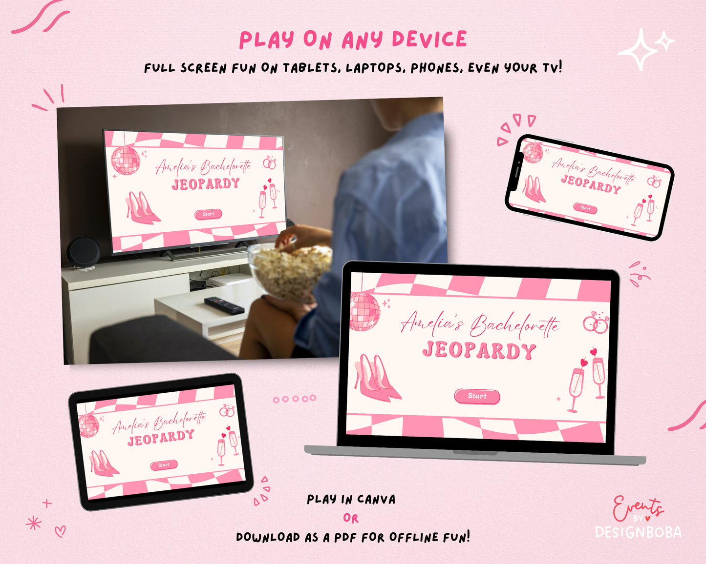 Pink Retro Vibe – Bachelorette Jeopardy Game (Canva Template)