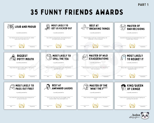 35 Funny Friends Awards - Printable Appreciation and Reunion Gift