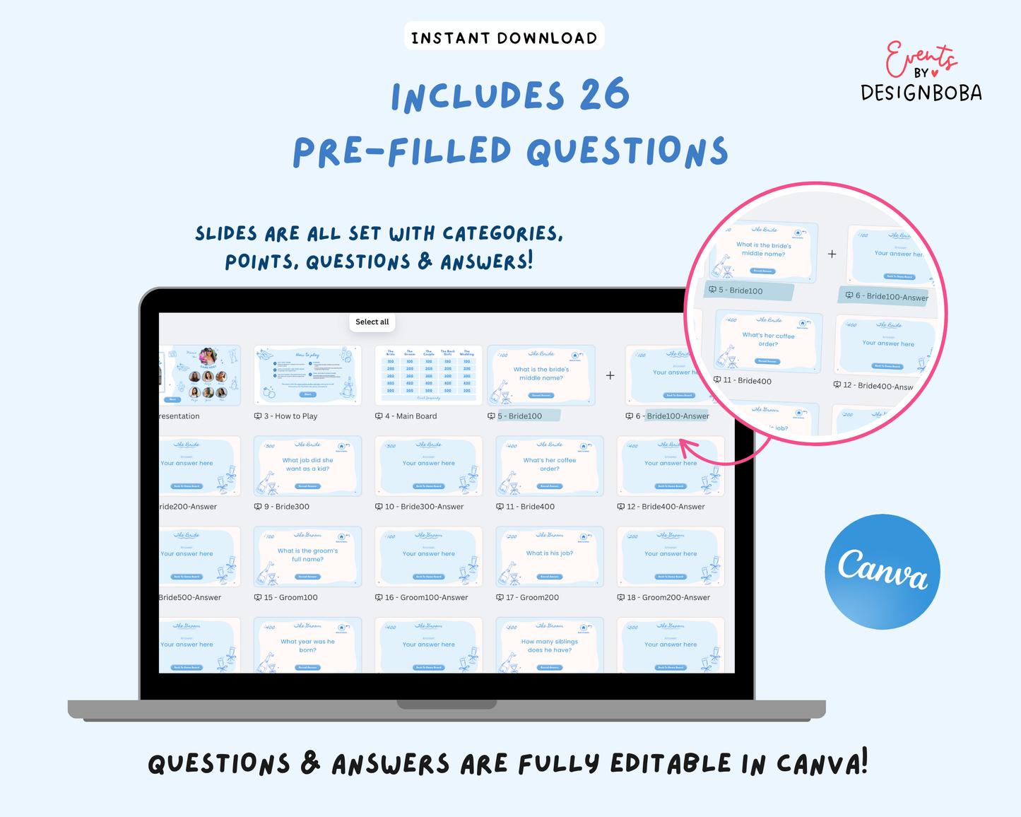 Blue Girls Gone Mild – Bachelorette Jeopardy Game (Canva Template)