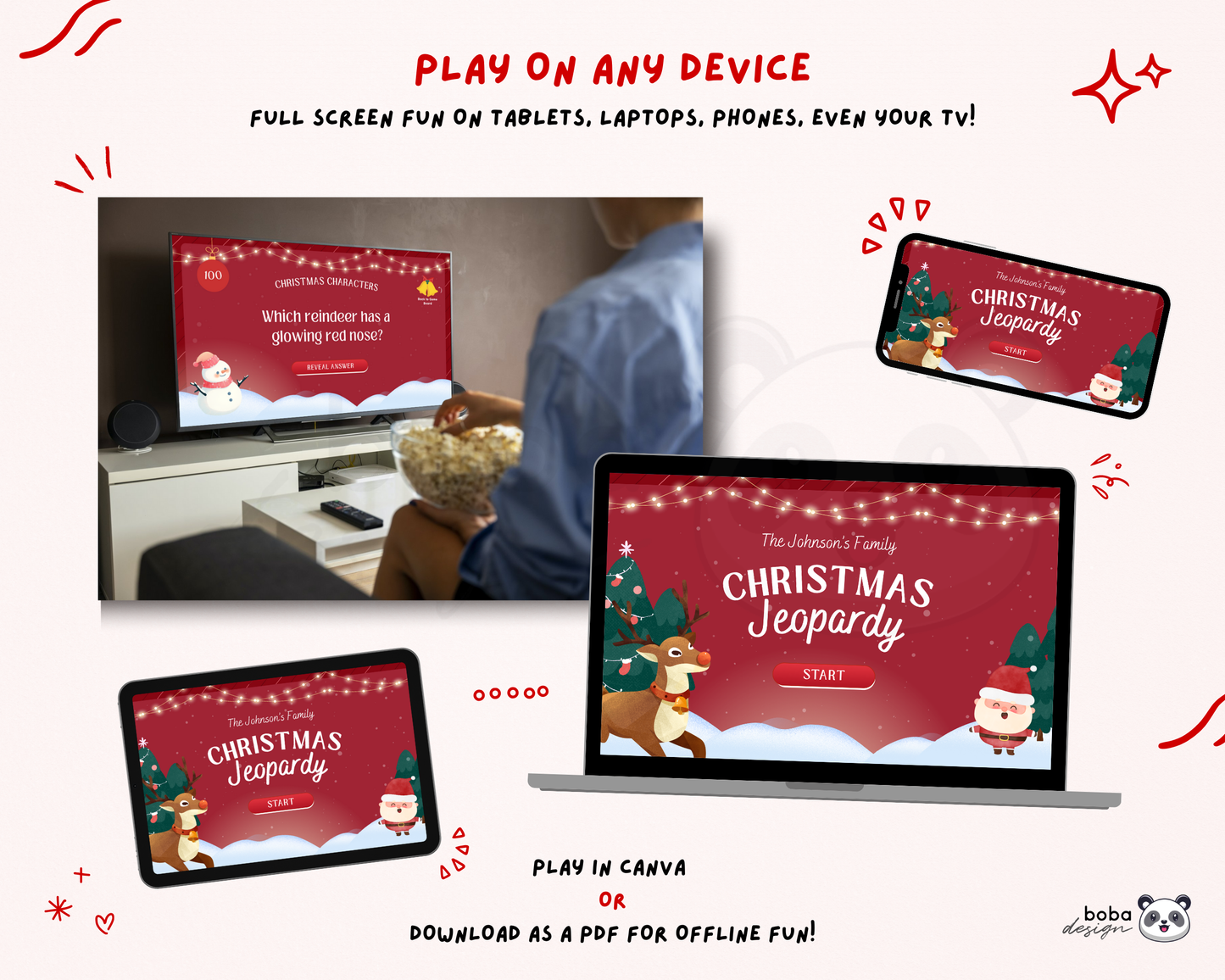 Editable Reindeer themed Christmas Jeopardy Game - Holiday Trivia