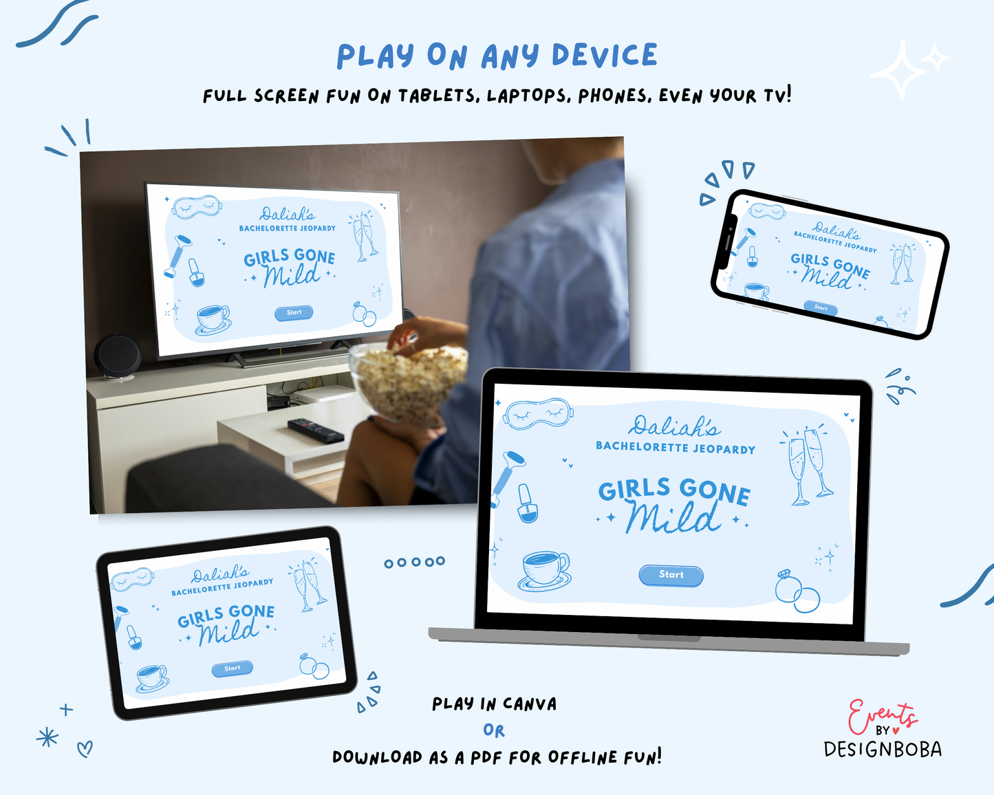Blue Girls Gone Mild – Bachelorette Jeopardy Game (Canva Template)