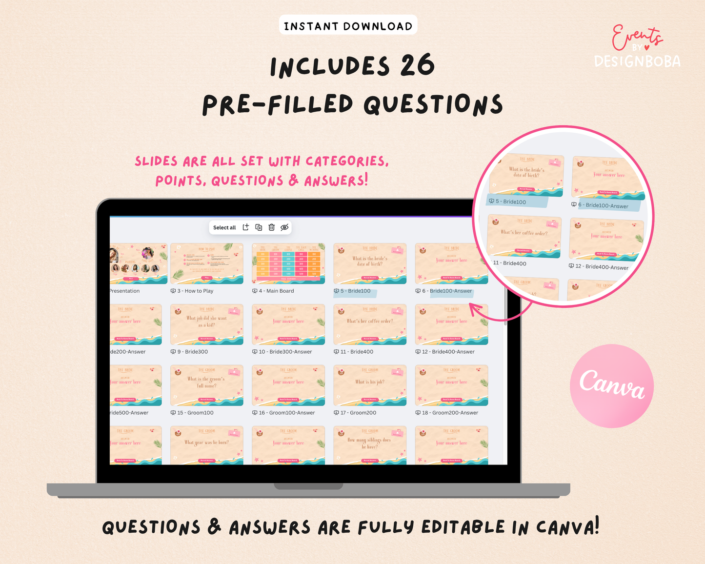 Tropic Like It’s Hot - Tropical Bachelorette Jeopardy Game (Canva Template)