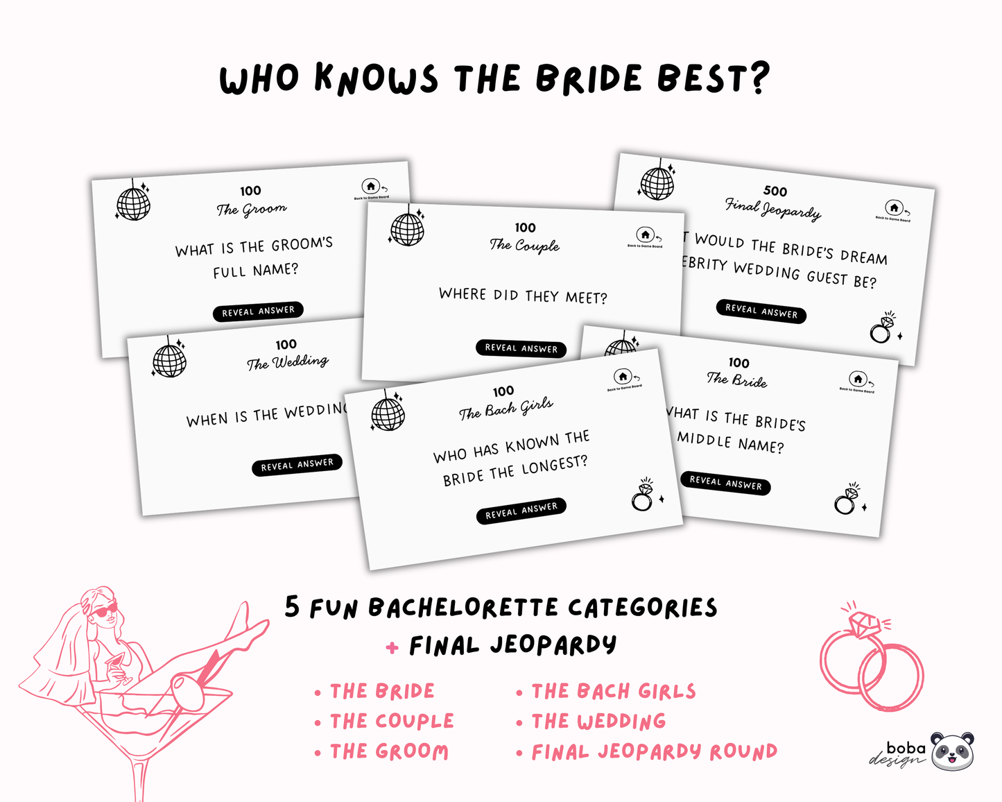 She's Tying the Knot Bachelorette Jeopardy Game - Black and white
