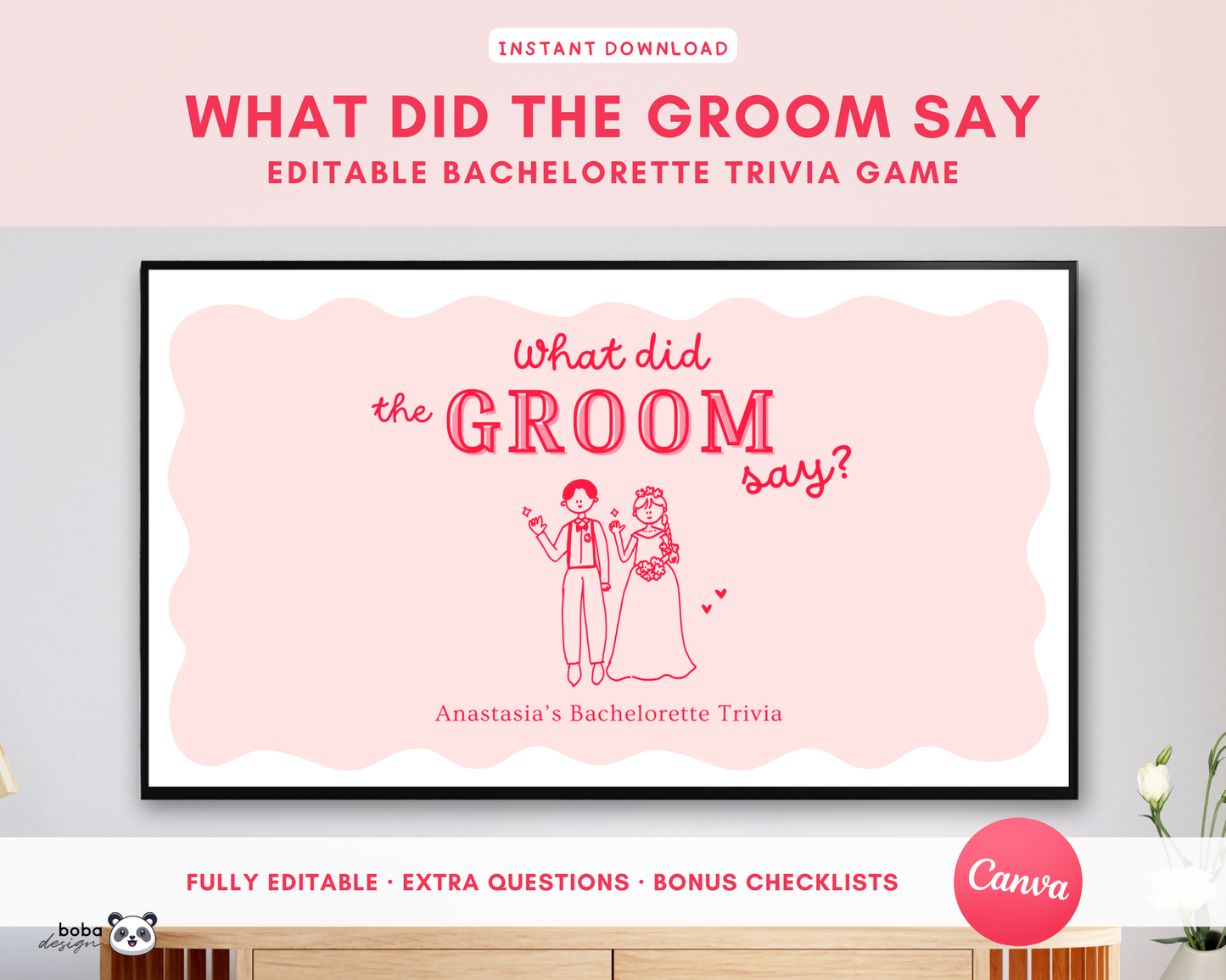Pink What Did the Groom Say – Bachelorette Game (Editable Canva Template)