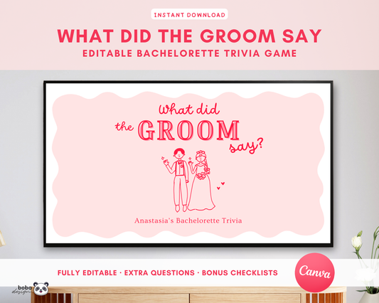 Pink What Did the Groom Say – Bachelorette Game (Editable Canva Template)