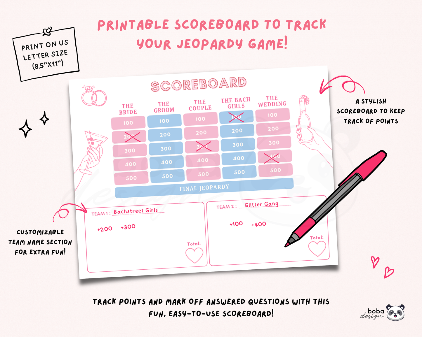 Pretty Bows – Pink and Blue Bachelorette Jeopardy Game