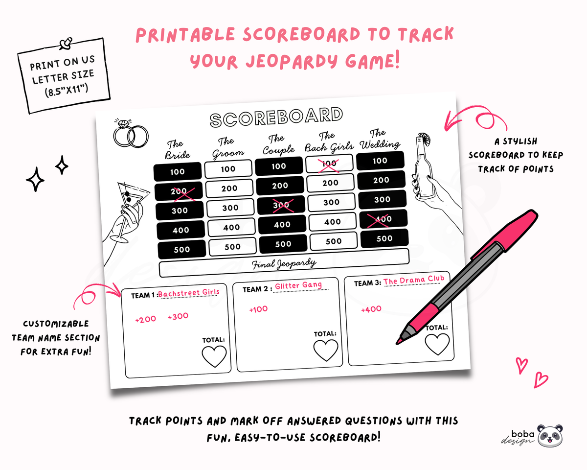 She's Tying the Knot Bachelorette Jeopardy Game - Black and white