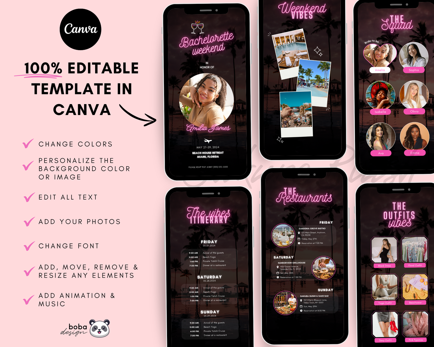 Neon Bachelorette Party Itinerary - Editable Canva Template
