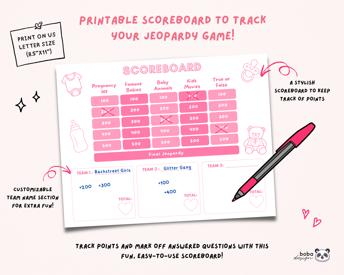 Pink Baby Shower Jeopardy Game - Baby Trivia Game