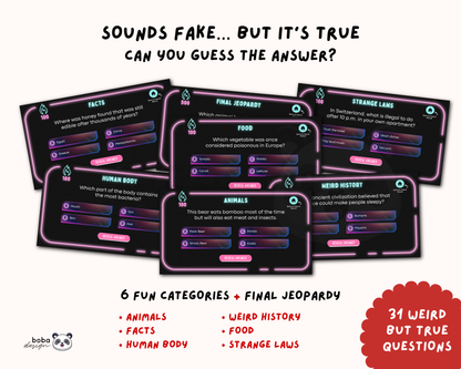 Weird but True Trivia Game - New Year’s Eve Jeopardy Game