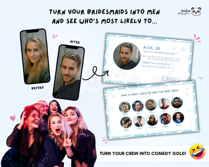 Gender Swap Bachelorette Game – Bridesmaids to Bridesmen (Editable Canva Template)