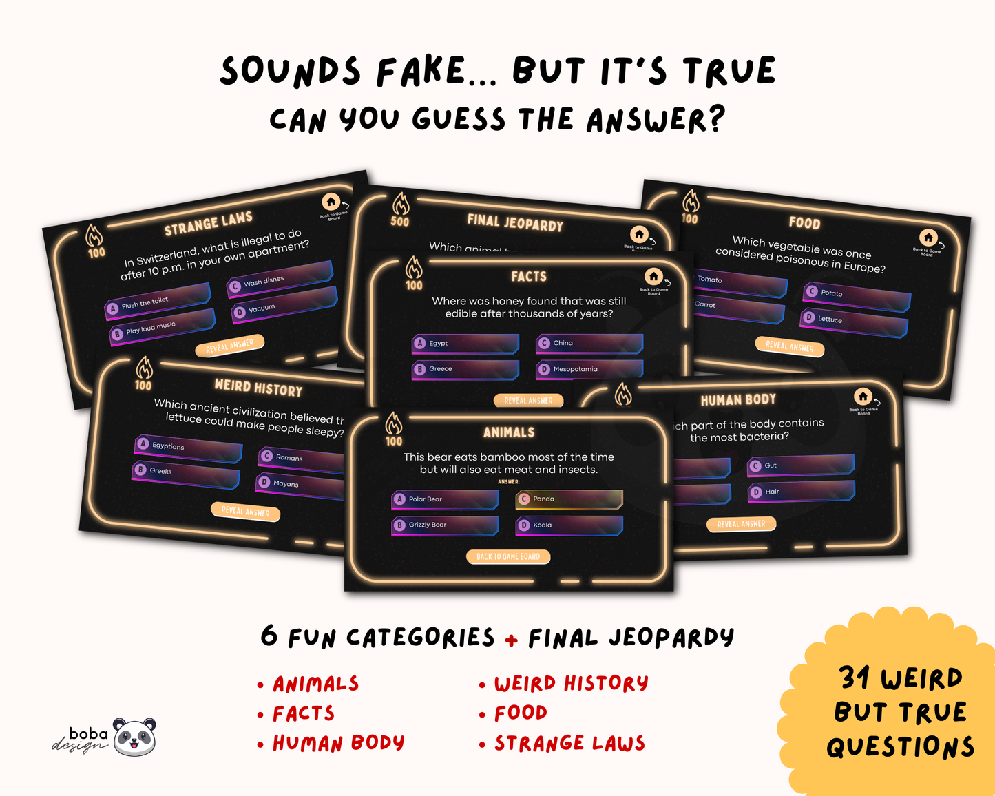 Weird but True Trivia Game - Gold Theme Jeopardy Game