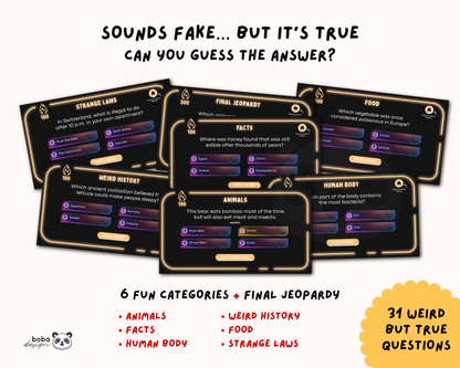 Weird but True Trivia Game - Gold Theme Jeopardy Game
