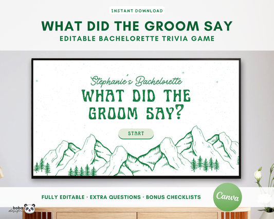 Camp Bach What Did the Groom Say – Bachelorette Game (Editable Canva Template)