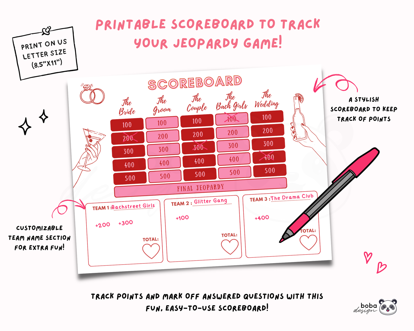 Pinky Stripes Bachelorette Jeopardy Game - Pink and Red