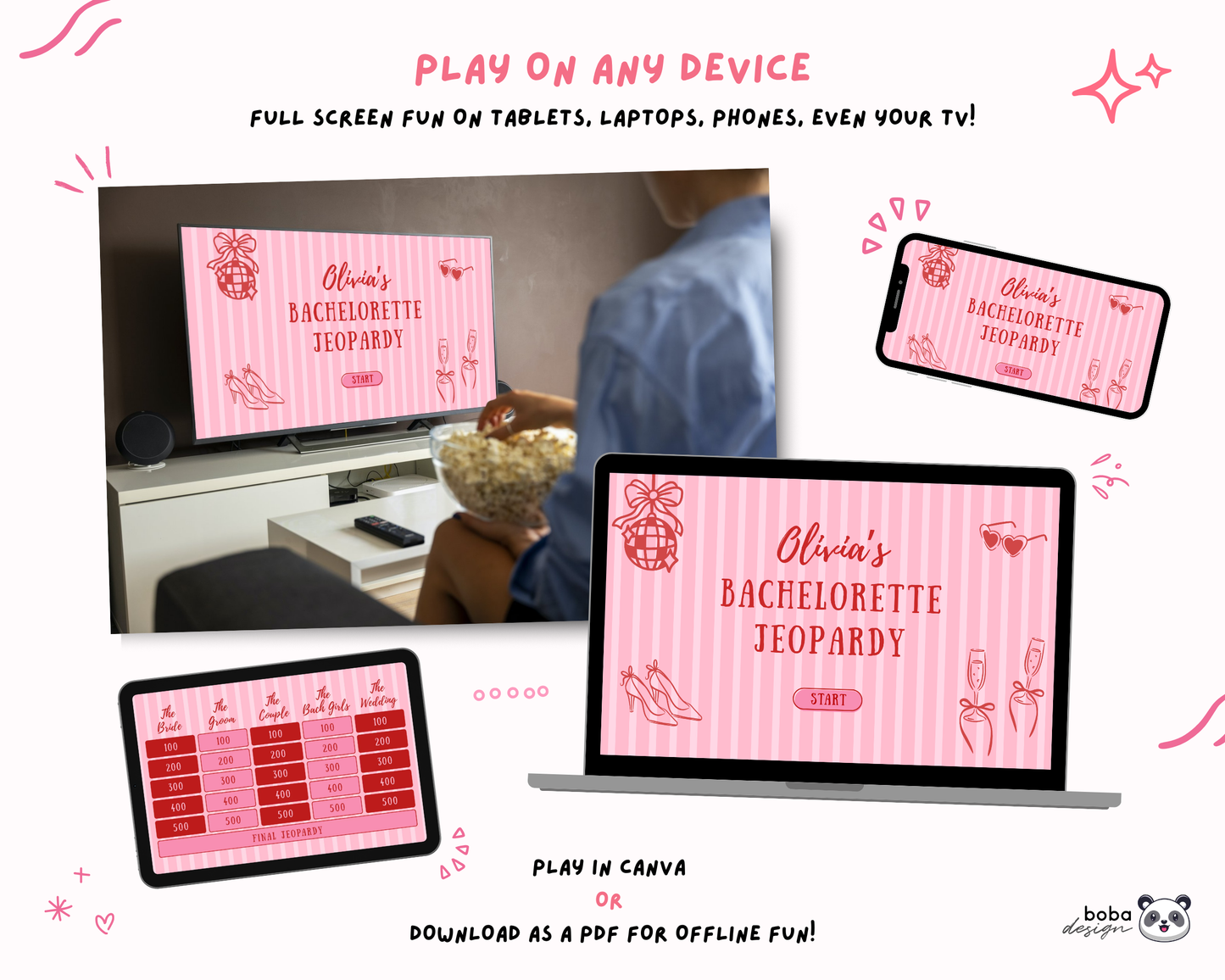 Pinky Stripes Bachelorette Jeopardy Game - Pink and Red