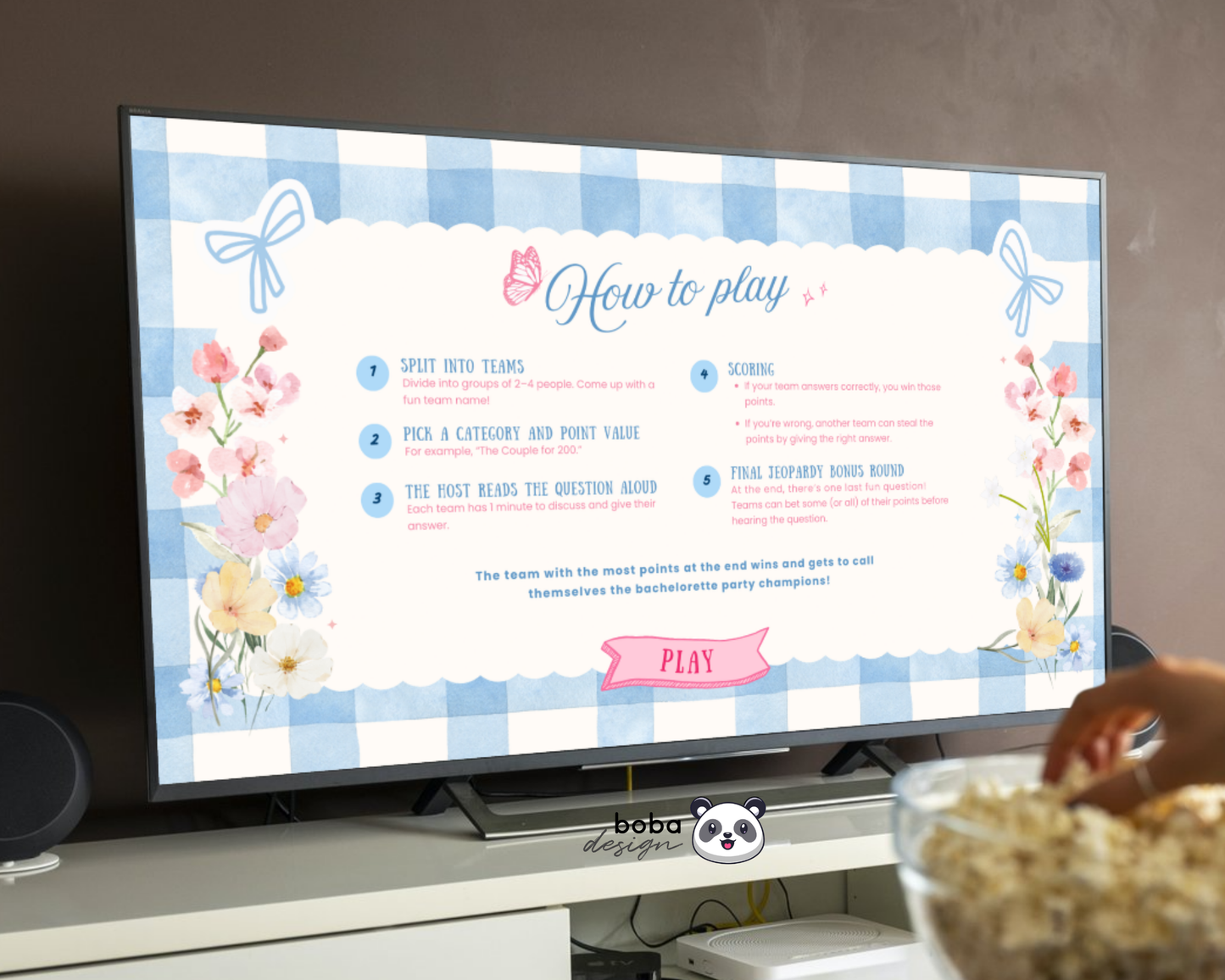 Blue Floral Theme Fresh off the Market Bachelorette Jeopardy Game