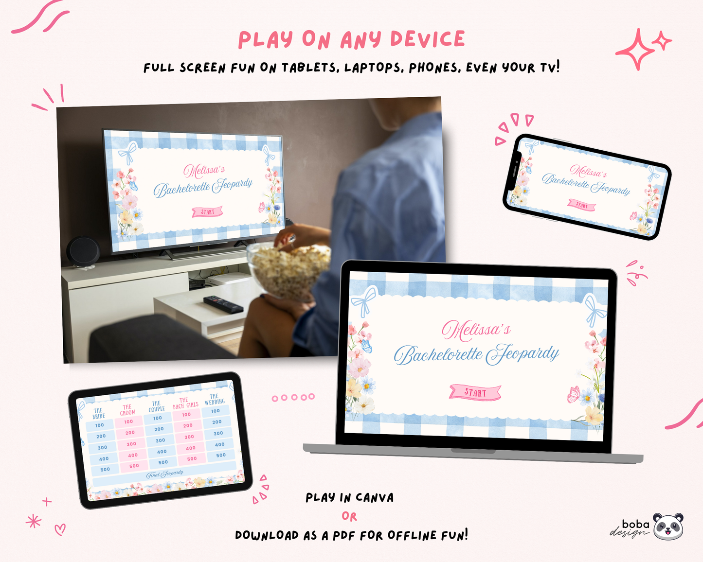 Blue Floral Theme Fresh off the Market Bachelorette Jeopardy Game