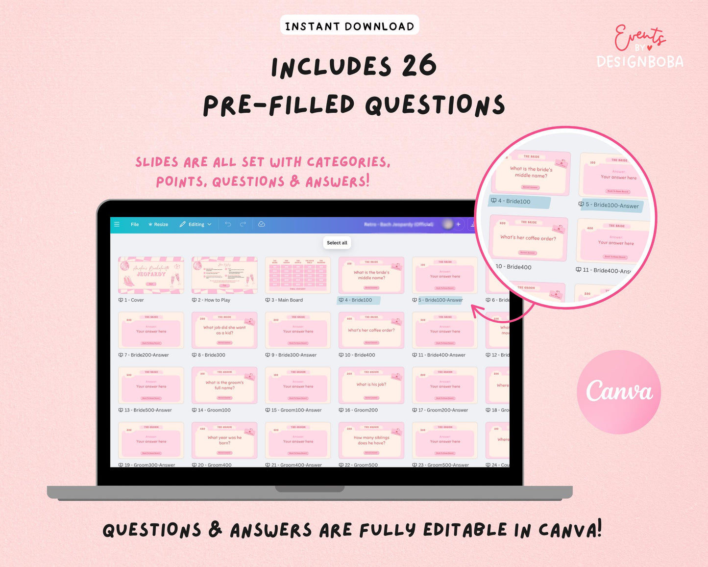 Retro Pink Vibe – Retro Bachelorette Jeopardy Game (Canva Template)