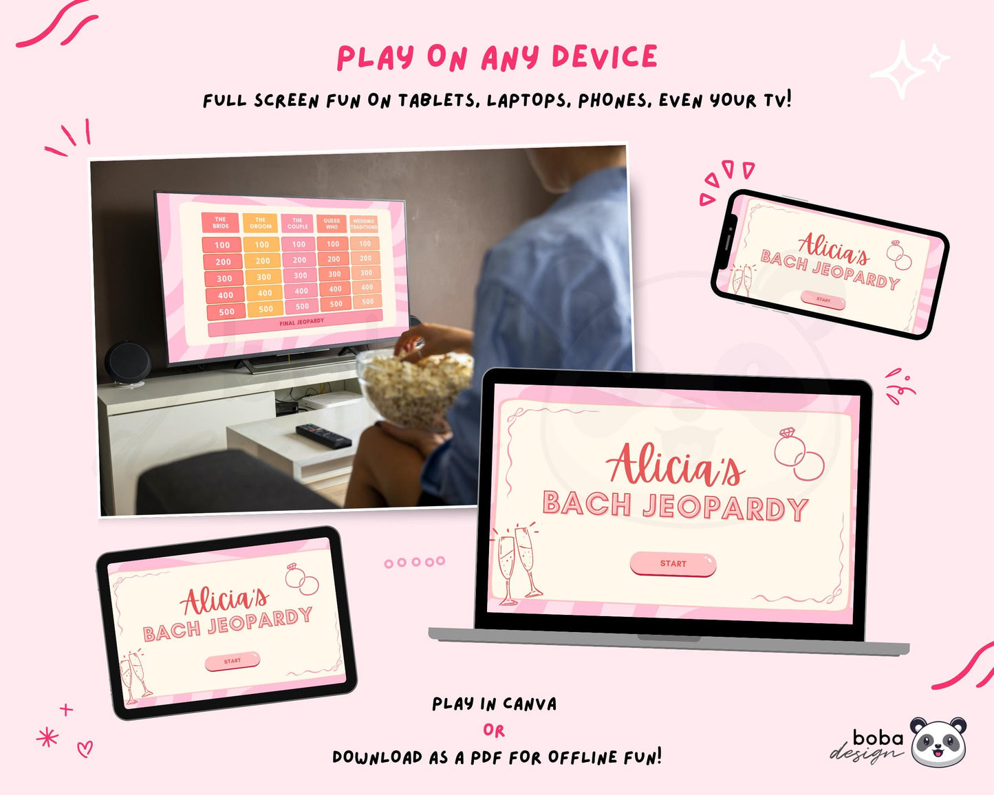 Pink and Peach Vibes – Editable Bachelorette Jeopardy Game (Canva Template)